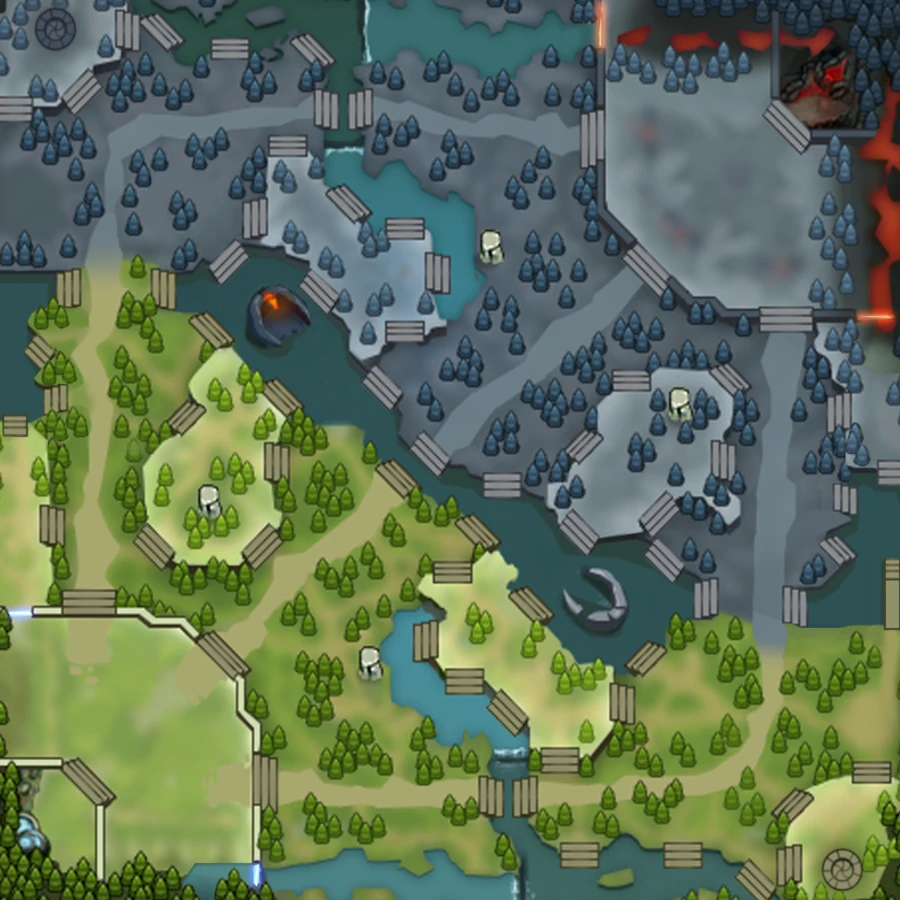 Peta Dota 2: base Radiant di kiri bawah, base Dire di kanan atas, tiga lane, dan sungai memotong di tengah